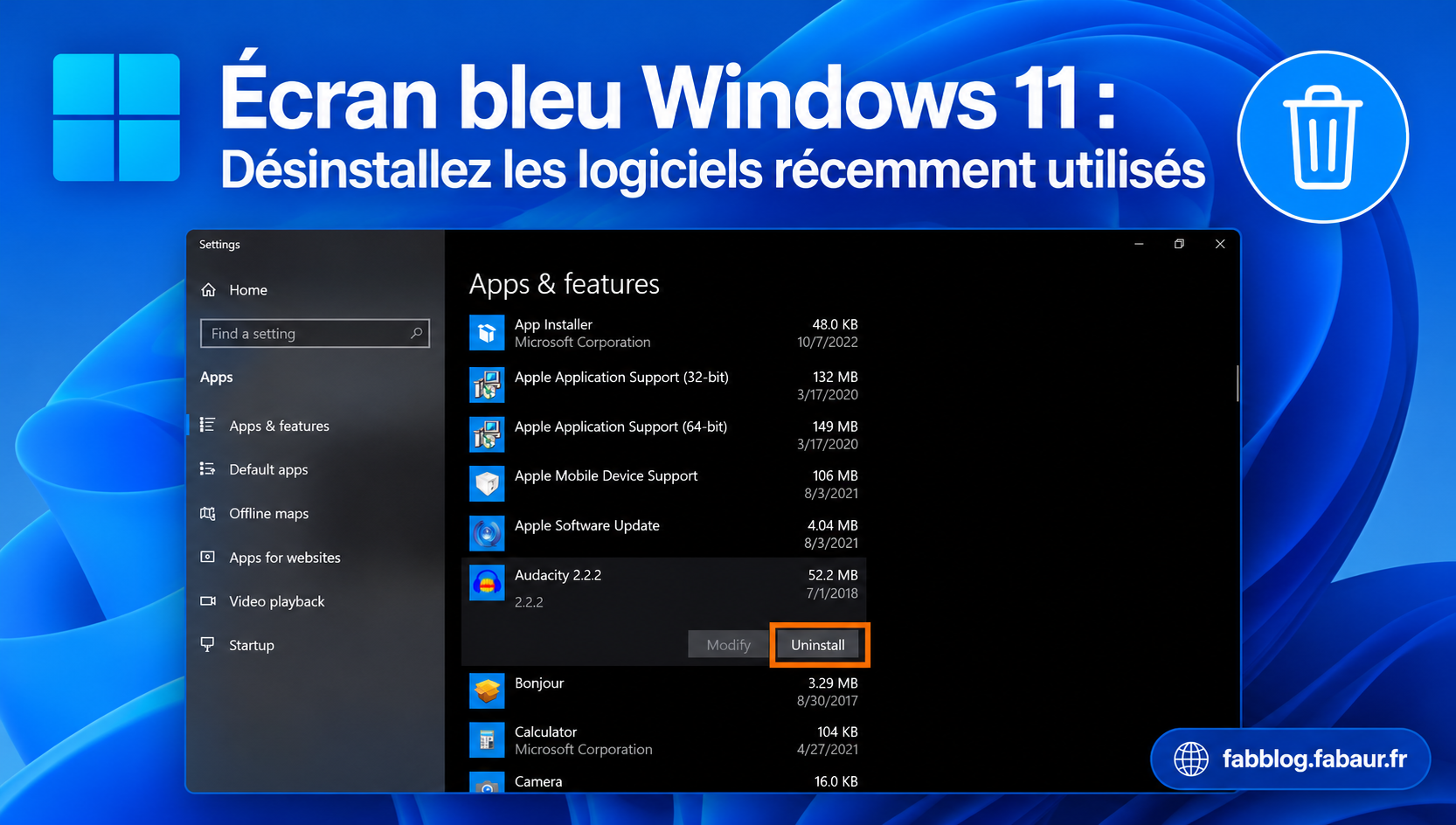 Désinstaller un logiciel récent dans Applications et fonctionnalités - écran bleu Windows 11