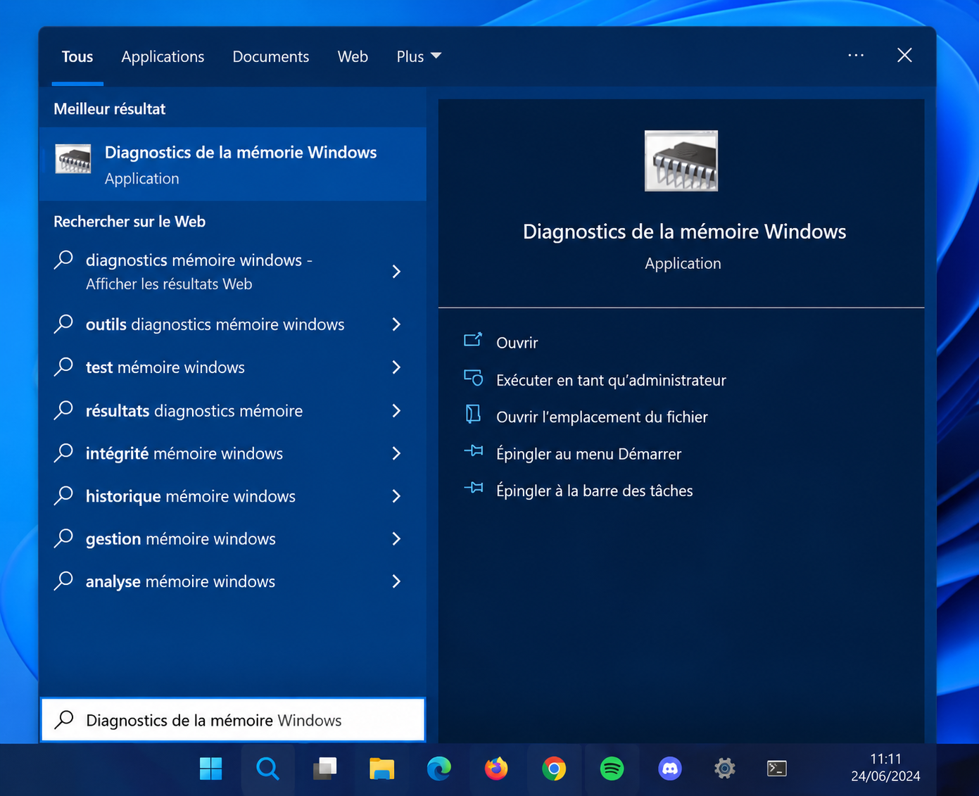 Outil Diagnostics de mémoire Windows pour tester la RAM