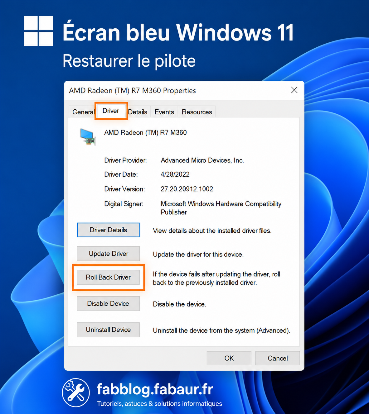 Bouton Restaurer le pilote dans les propriétés d'un périphérique - écran bleu Windows 11