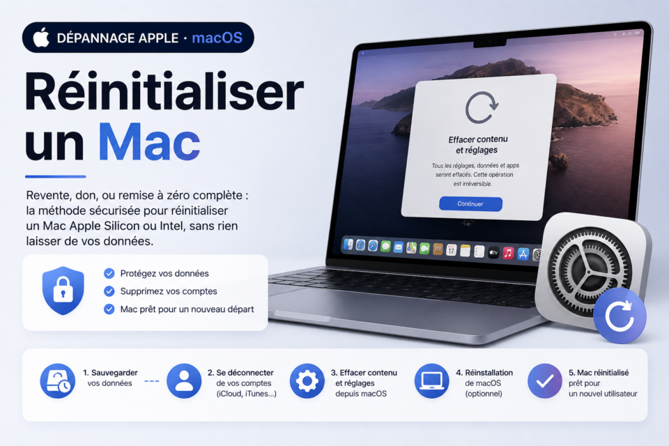 Réinitialiser un Mac — icône ordinateur portable avec flèche de réinitialisation